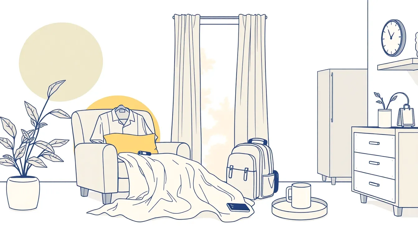 Calm morning scene with pre-laid clothes, packed bag, keys in a bowl, and coffee mug