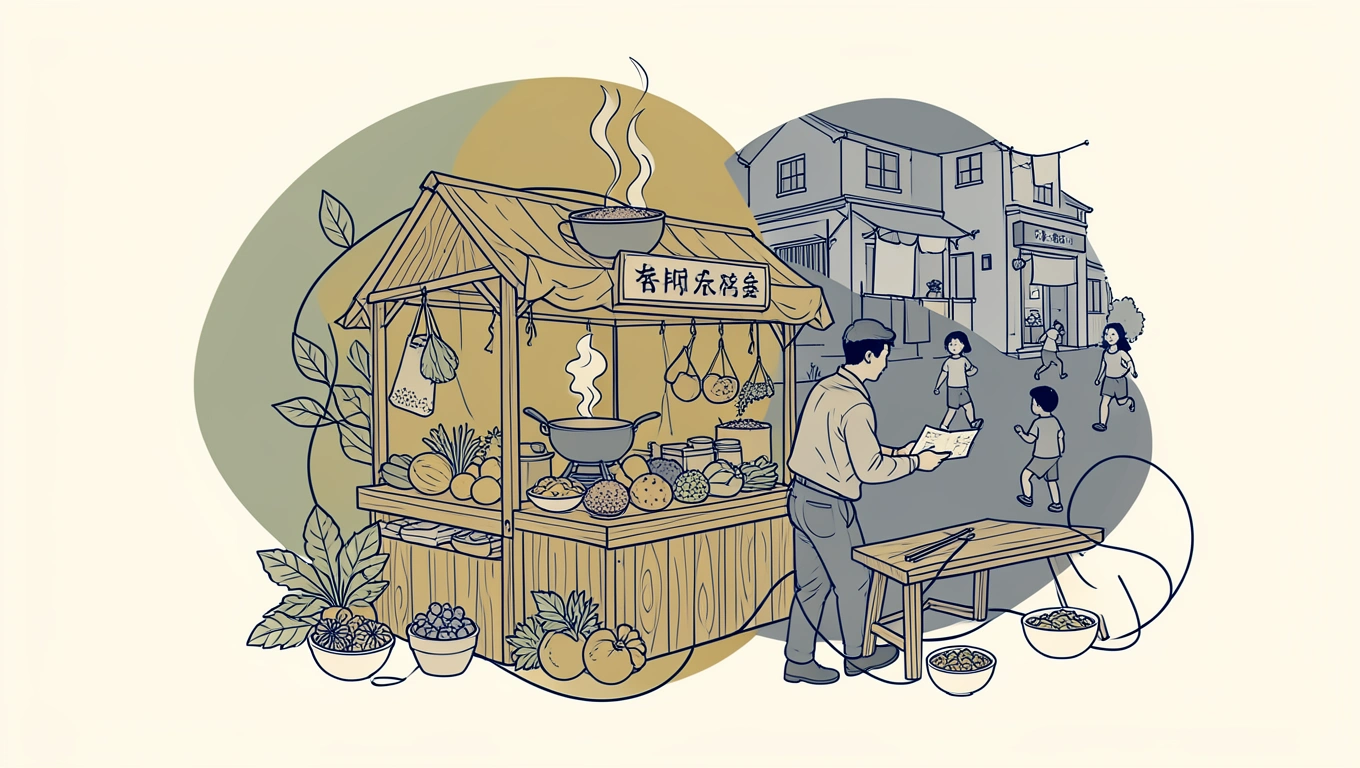 Local street food vendor preparing fresh dishes at outdoor market stall
