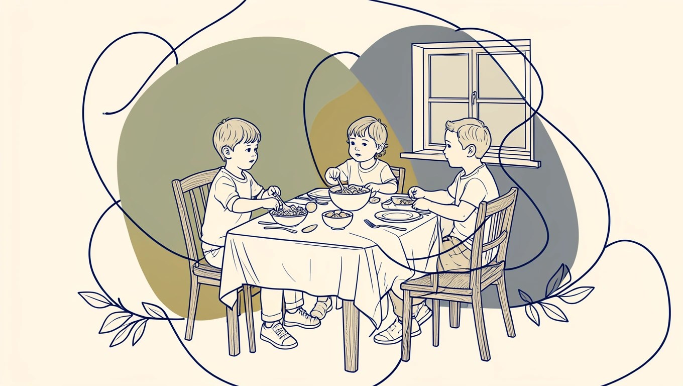 Family sitting together at dinner table with young children eating calmly