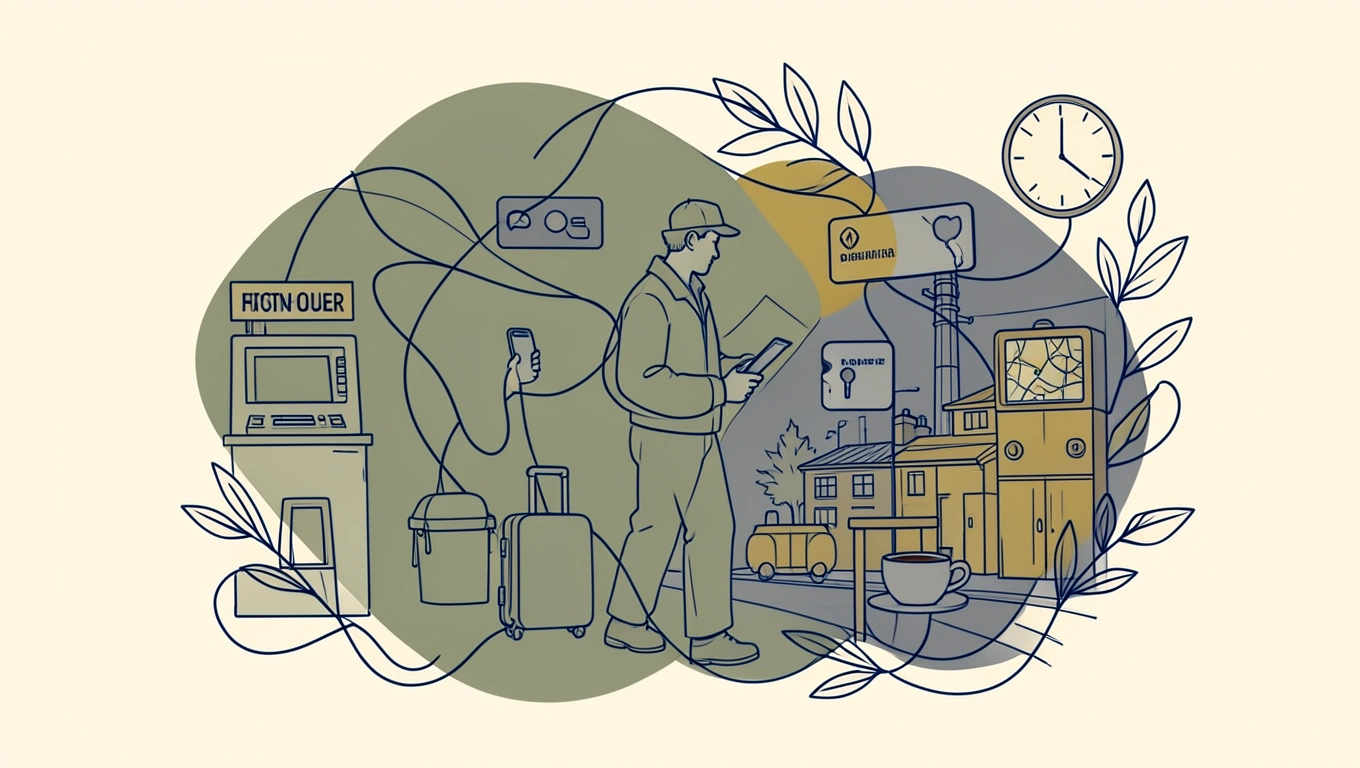 Traveler with luggage looking at map in airport arrival terminal